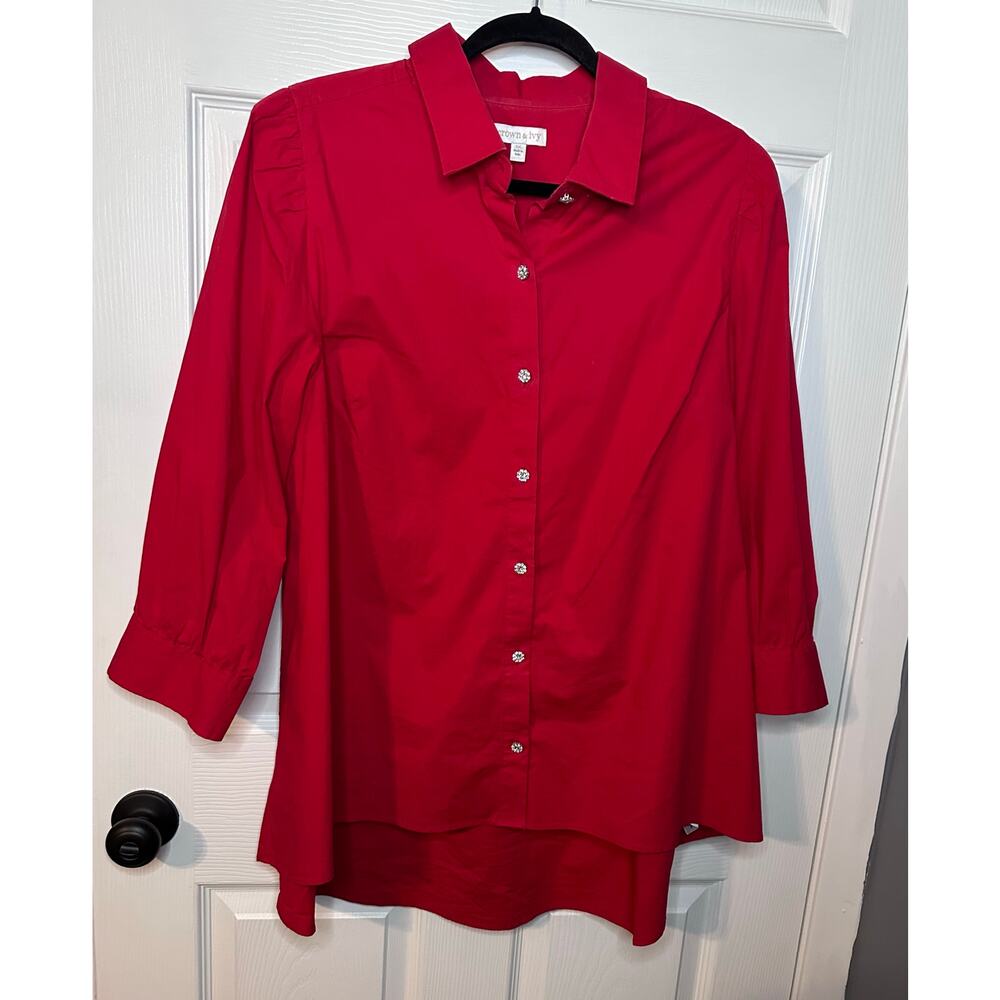 Crown & Ivy Button-Down Top Blouse Rhinestone Button Red 3/4 Sleeves women 1x